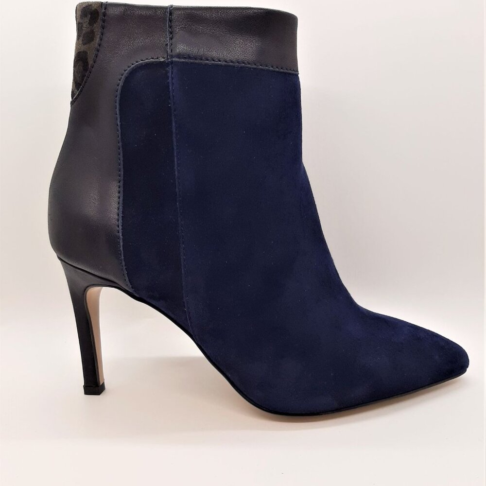 Blue Suede Leather and Leopord Print Heeled Ankle Boots